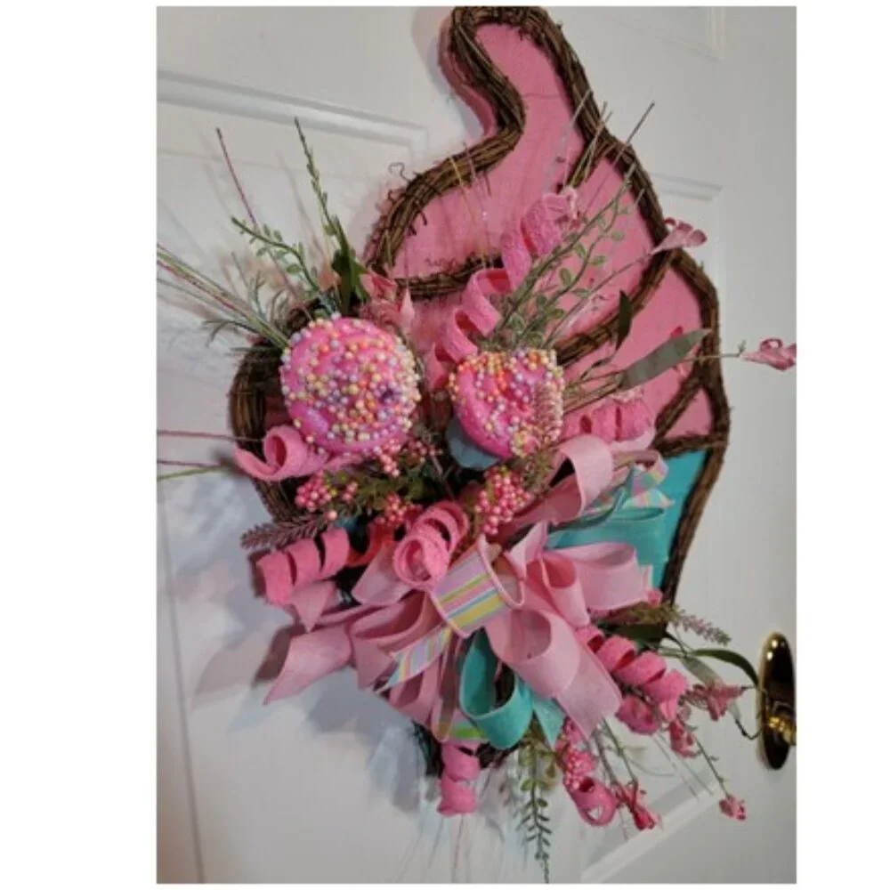 Cupcake Wreath, Pink Blue Birthday Cupcake Front Door Wreath, Hand Crafted